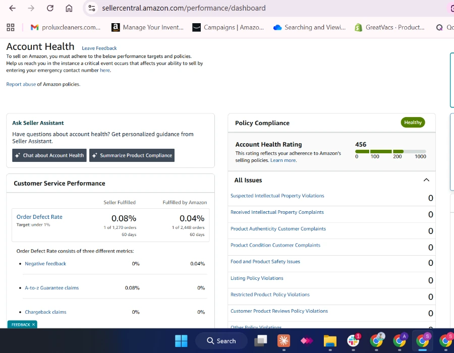 Amazon Seller Central account health portfolio work